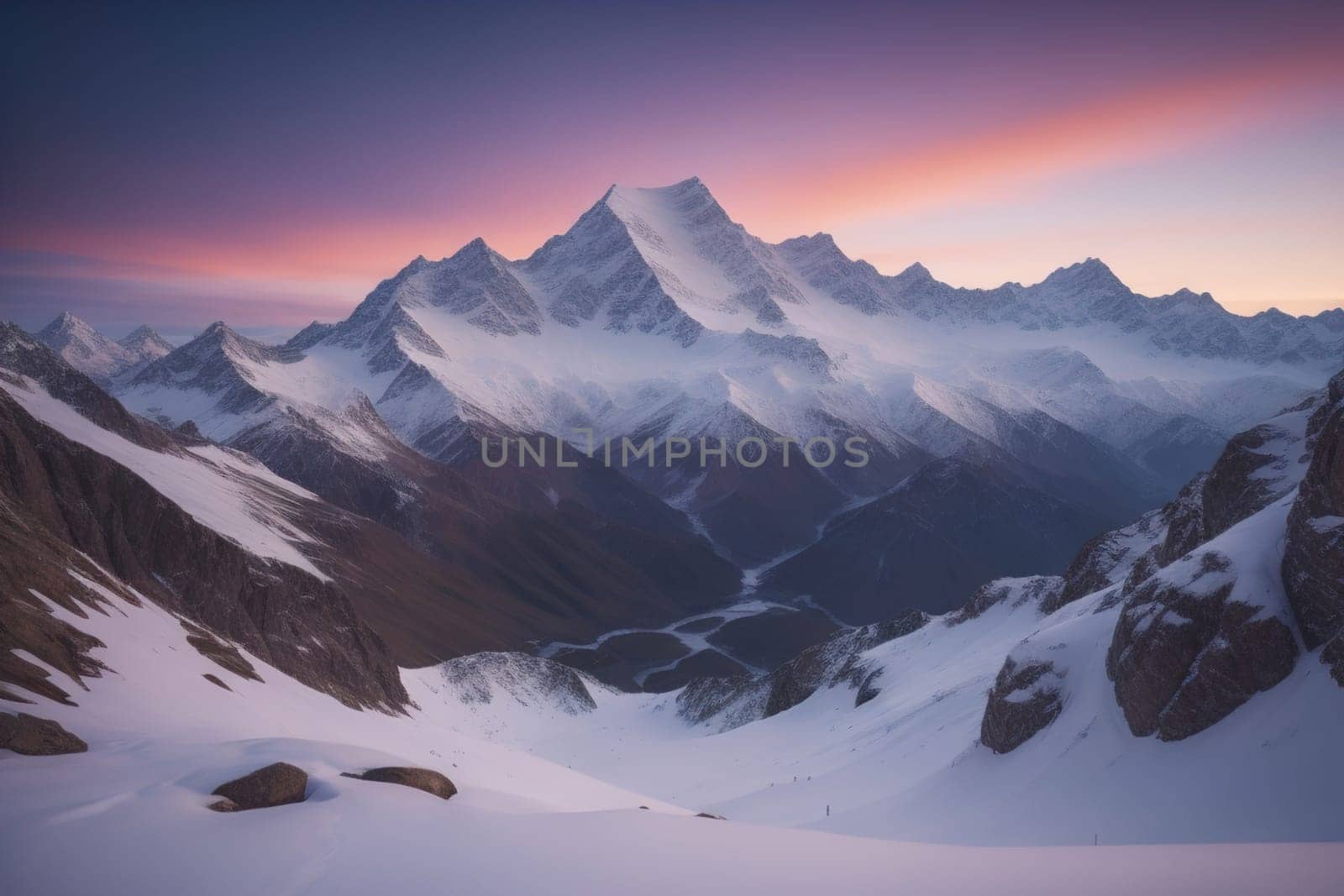 Mountains and snow-capped peaks of the Caucasus Mountains. ai generative