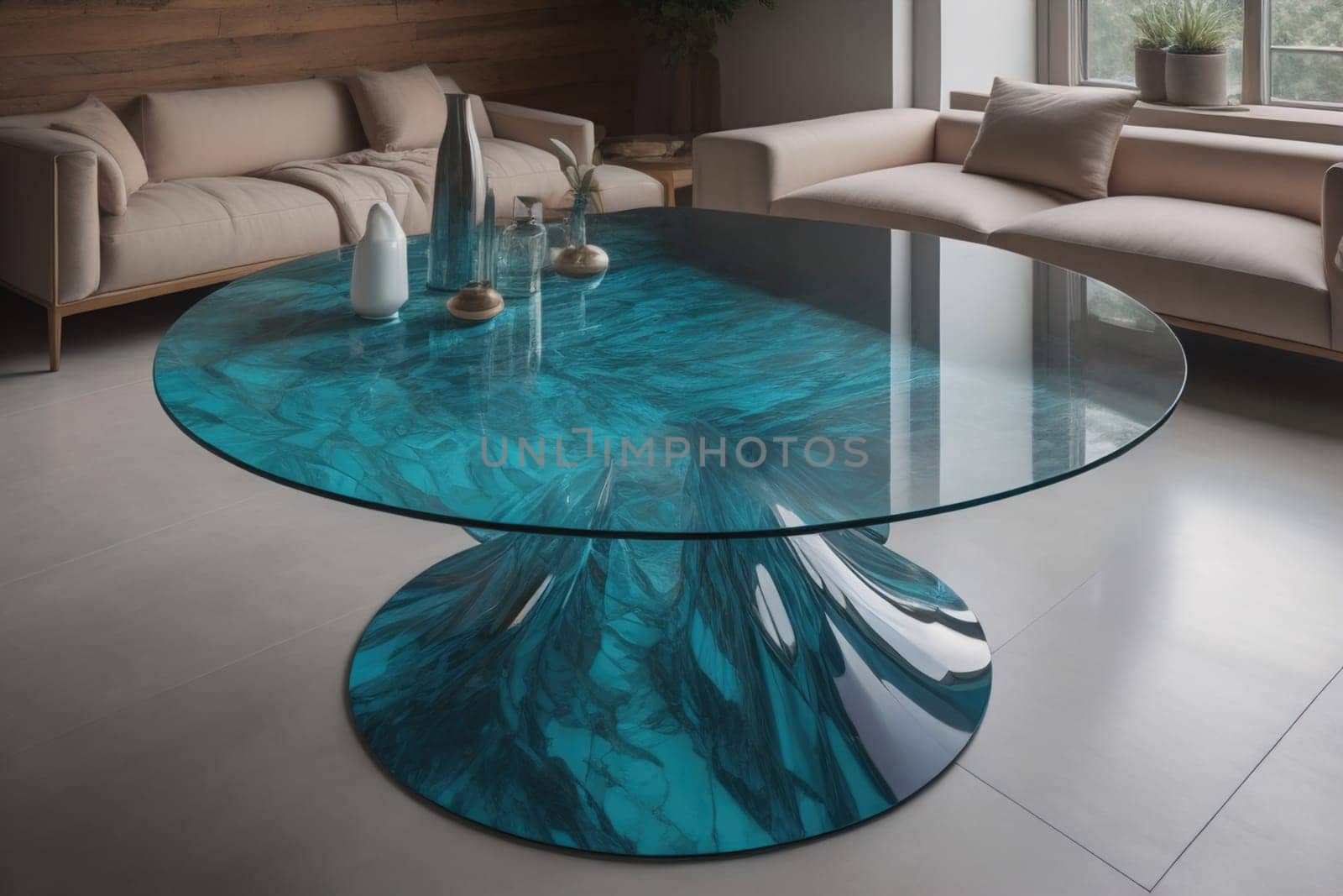 a glass table in a room. ai generative