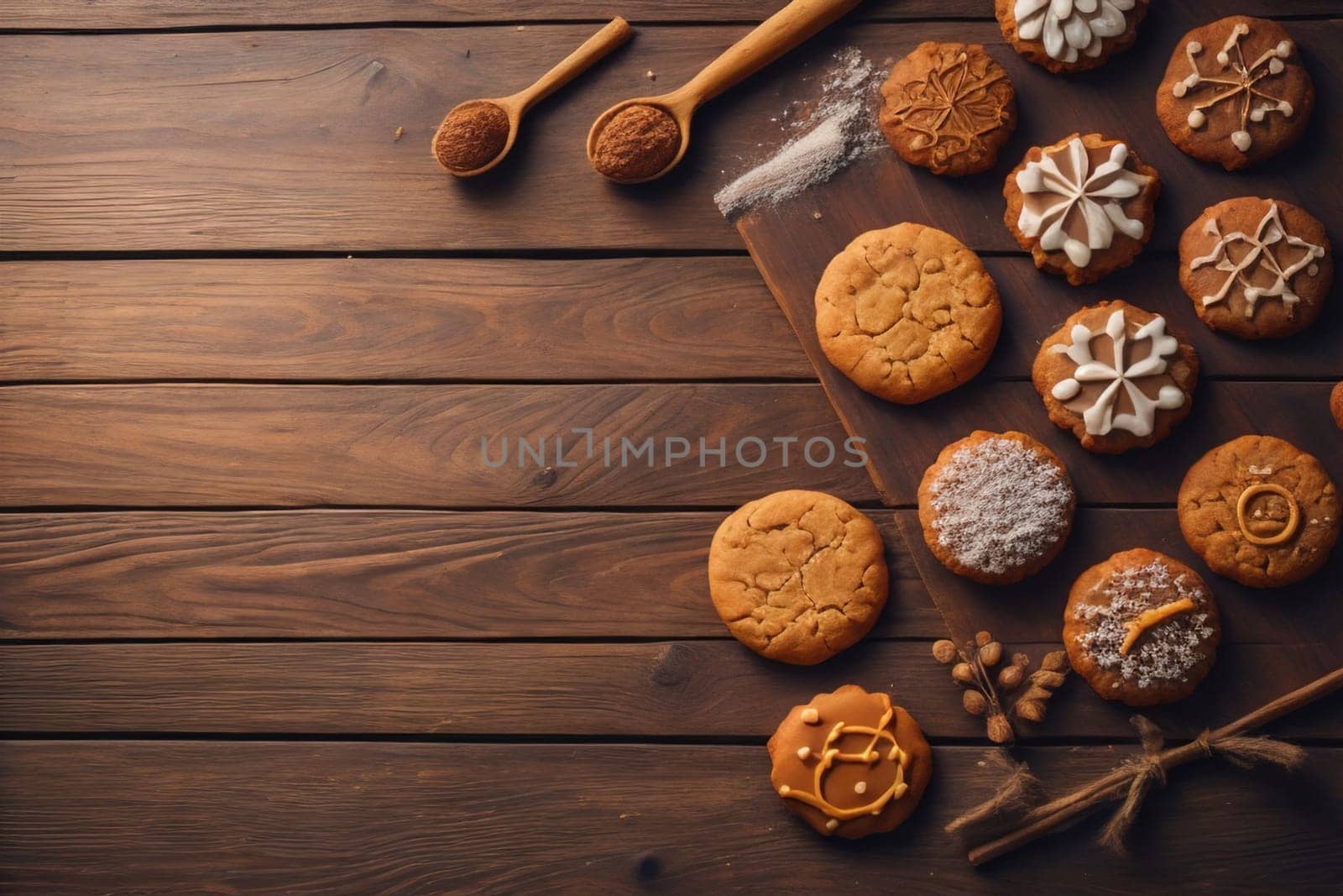 Cookies on a wooden table. Top view. ai generative