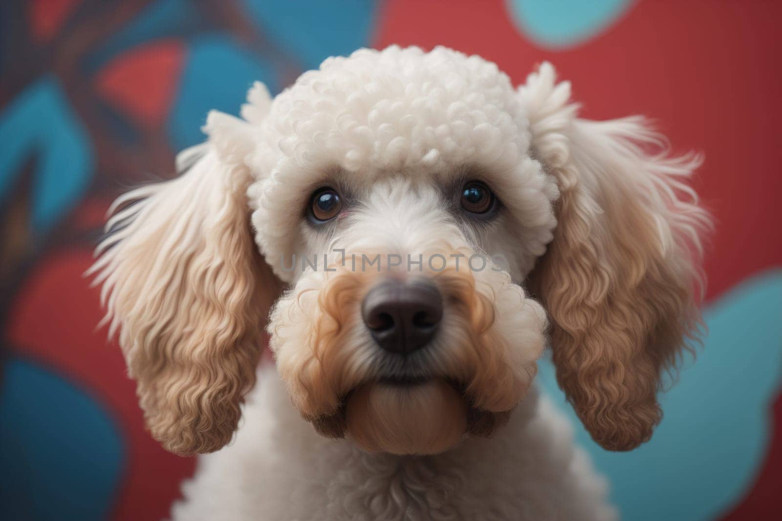 Close-up portrait of a poodle dog on a solid color background. ai generative