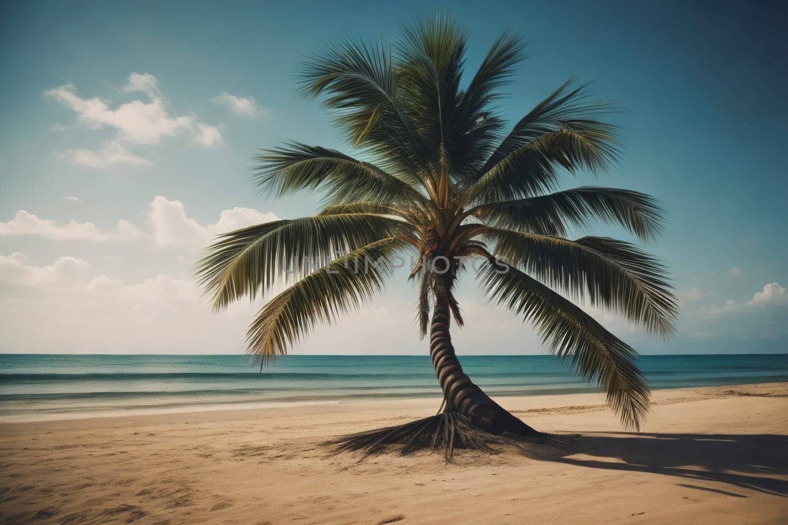 Beautiful tropical beach with coconut palm tree. ai generative by sanisra