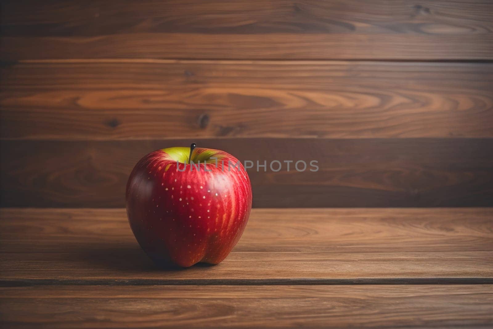 Red apple on a wooden background. ai generative