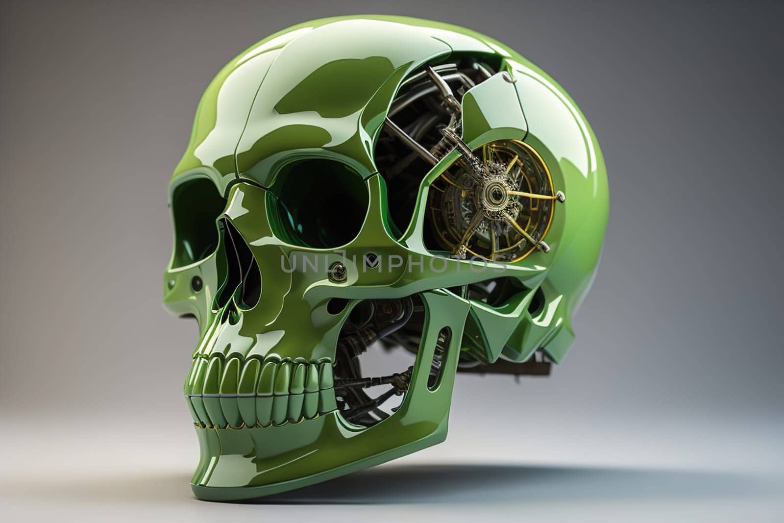 Human skull with gears and cogwheels. ai generative