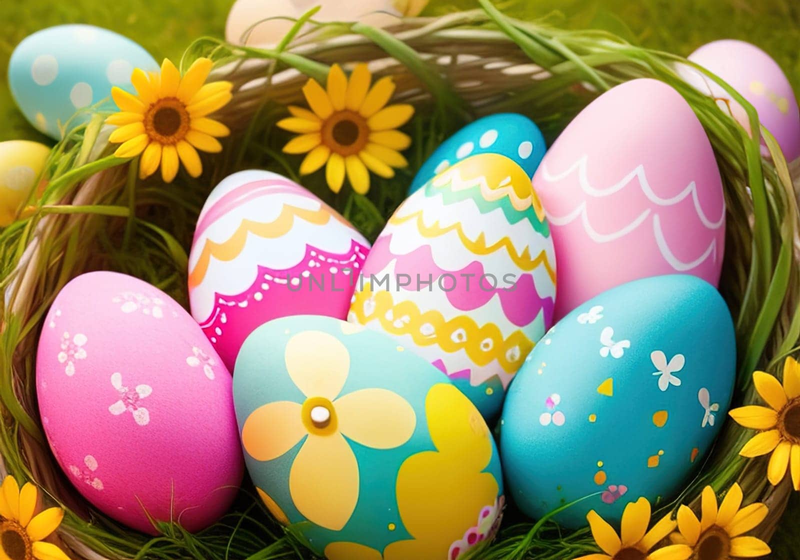 Easter bunny with colorful eggs in nest. ai generative
