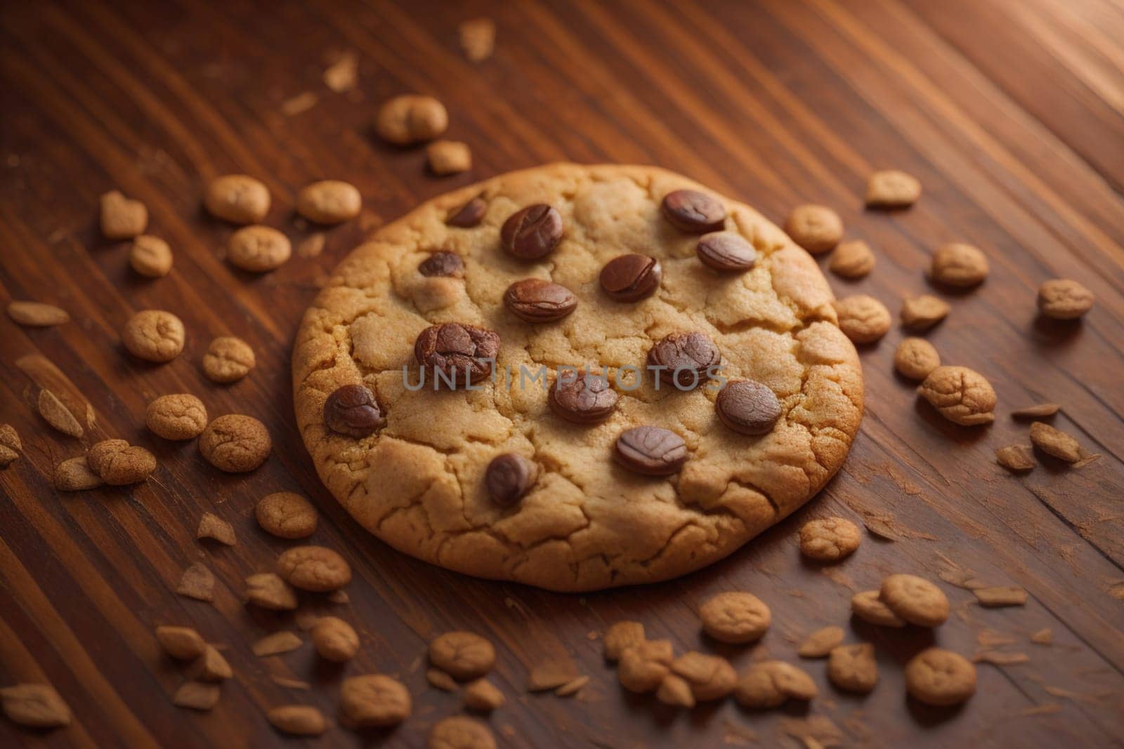 Chocolate chip cookies on orange background. Close up. Selective focus. ai generative
