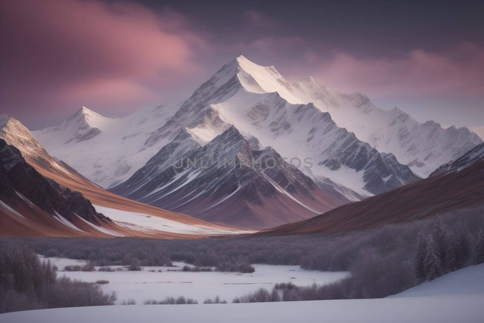 Mountains and snow-capped peaks of the Caucasus Mountains. ai generative