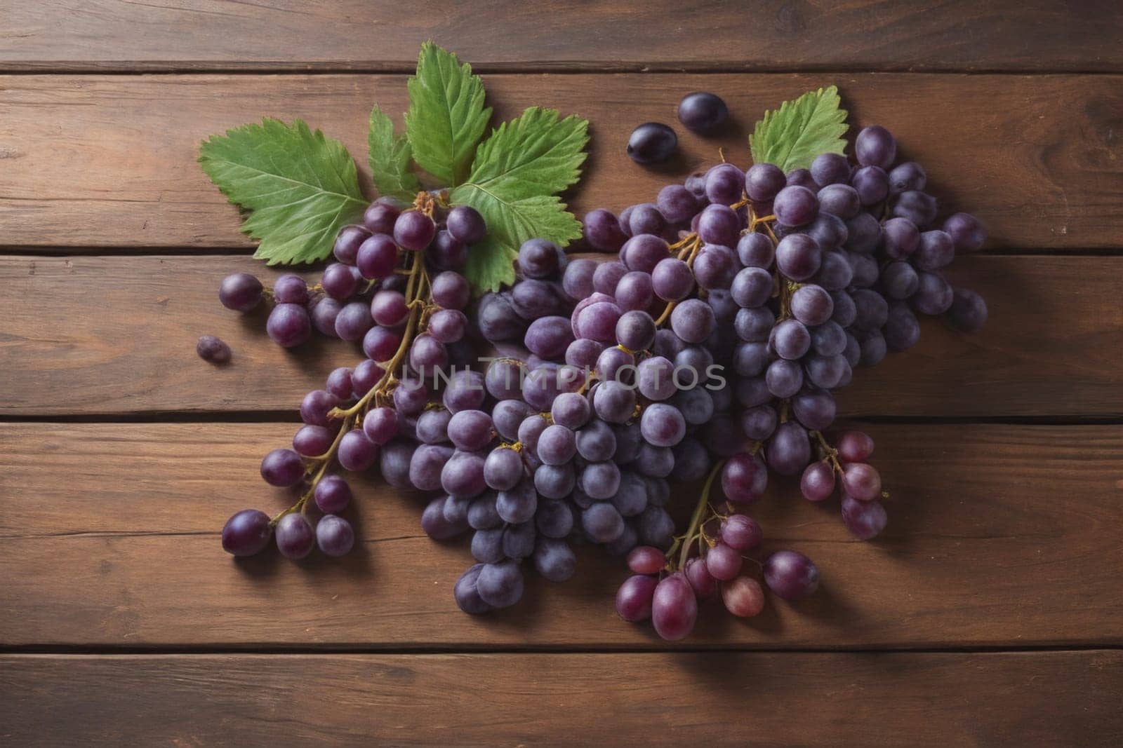 Bunch of fresh grapes on wooden table. Vintage style toned picture. ai generative