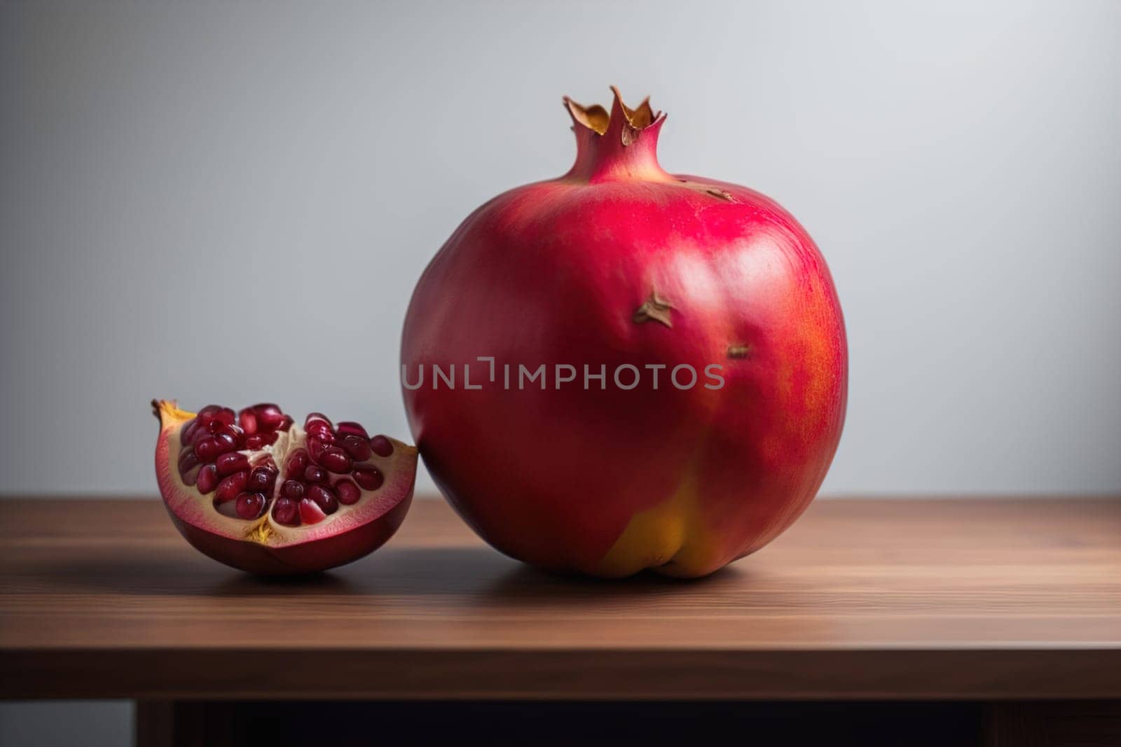 Ripe pomegranate fruit on a wooden background. Still life. ai generative