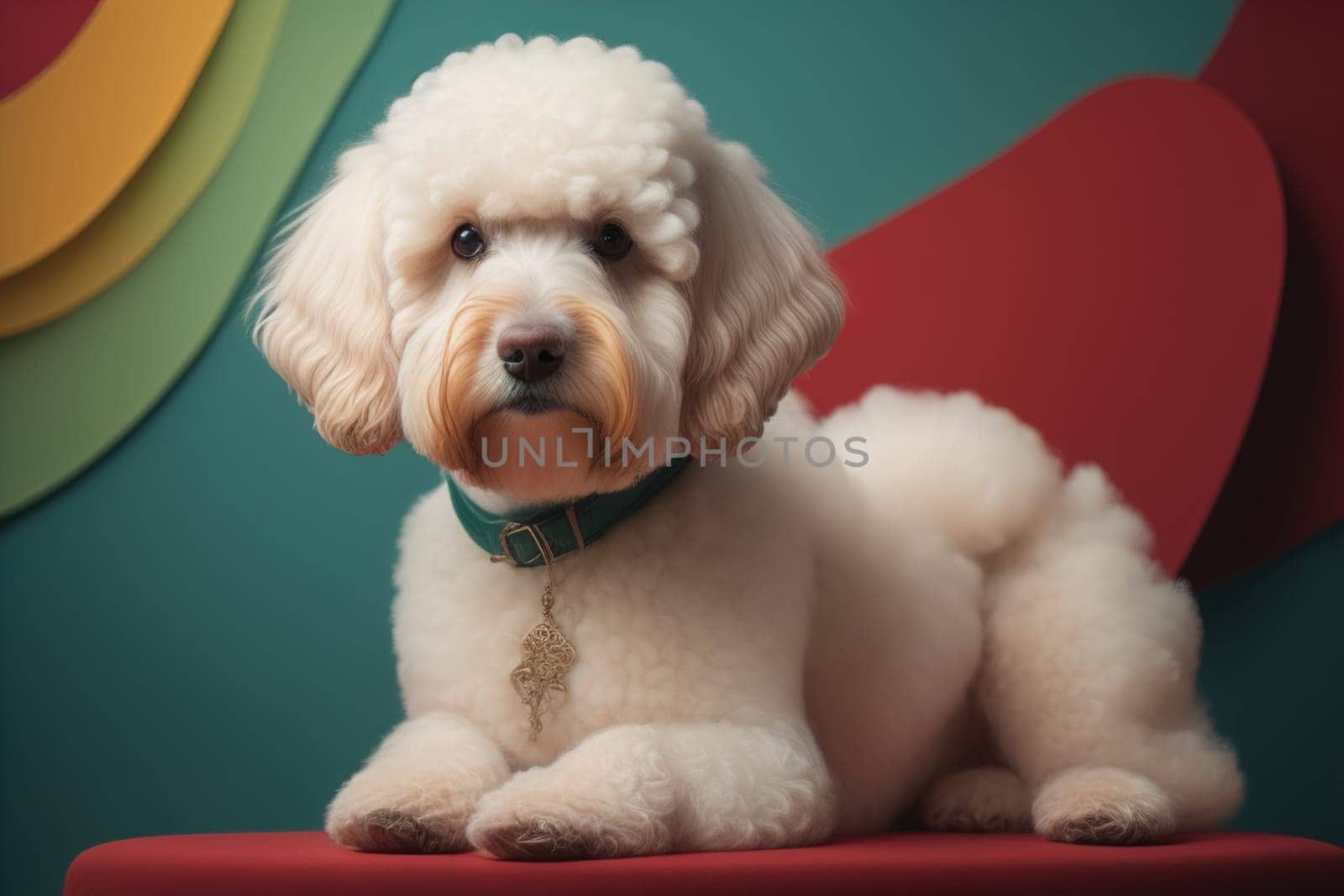 Close-up portrait of a poodle dog on a solid color background. ai generative