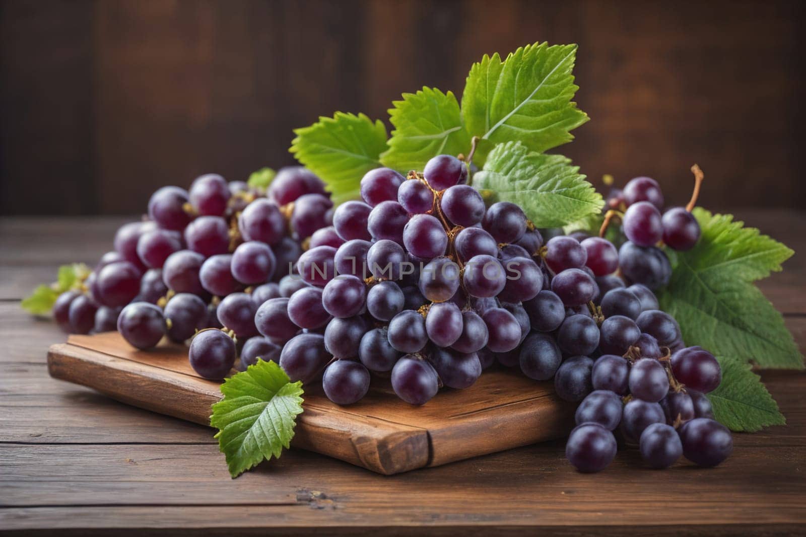 Bunch of fresh grapes on wooden table. Vintage style toned picture. ai generative
