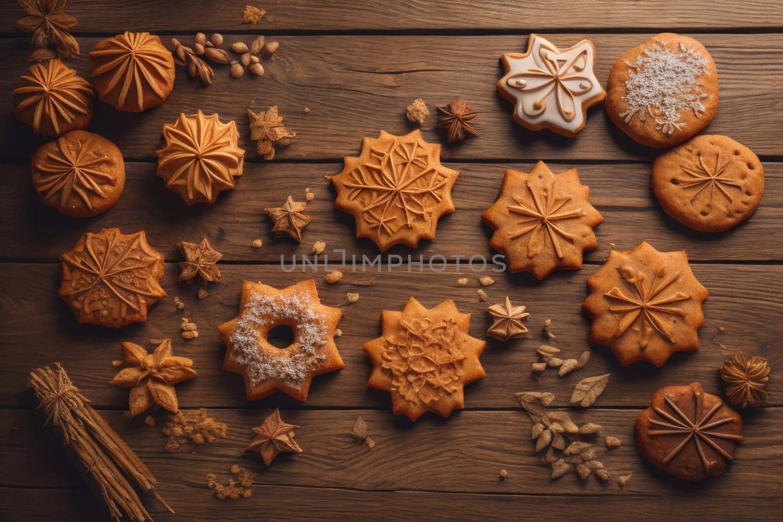 Cookies on a wooden table. Top view. ai generative