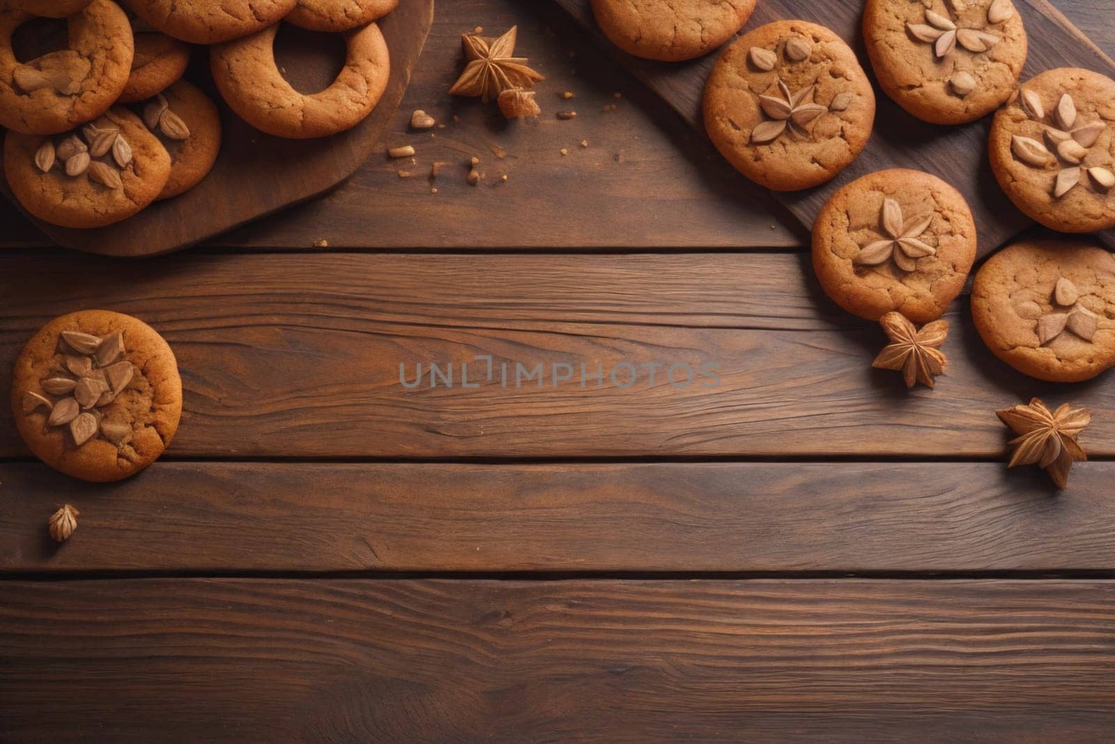 Cookies on a wooden table. Top view. ai generative