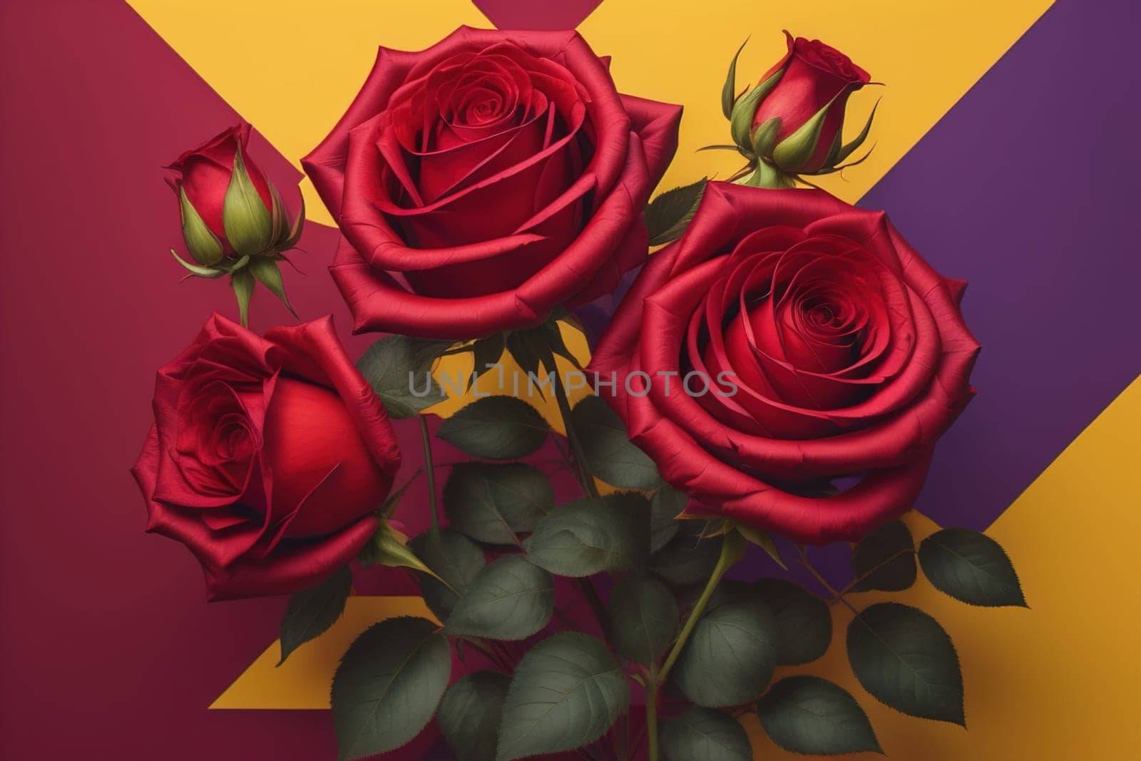 Red roses background. Top view of beautiful red roses with green leaves. ai generative