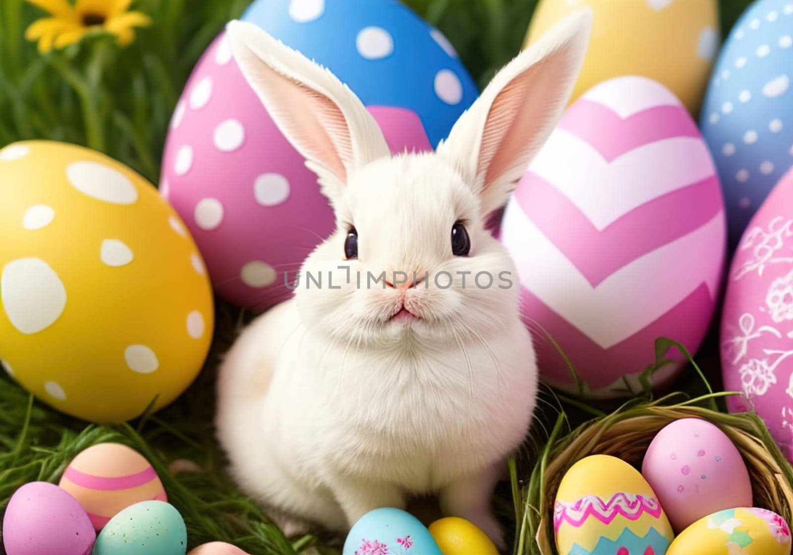 Easter bunny with colorful eggs in nest. ai generative