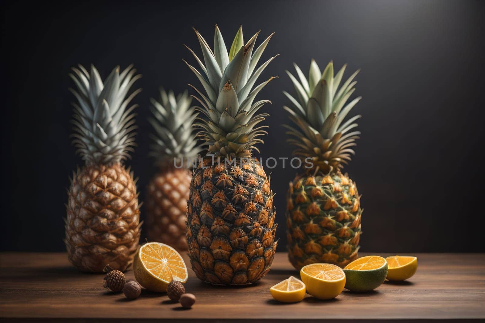 Pineapples on a wooden background. ai generative