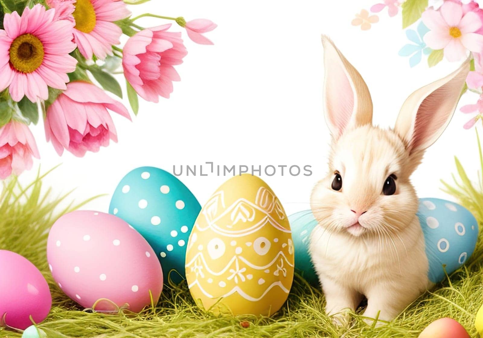 Easter bunny with colorful eggs in nest. ai generative