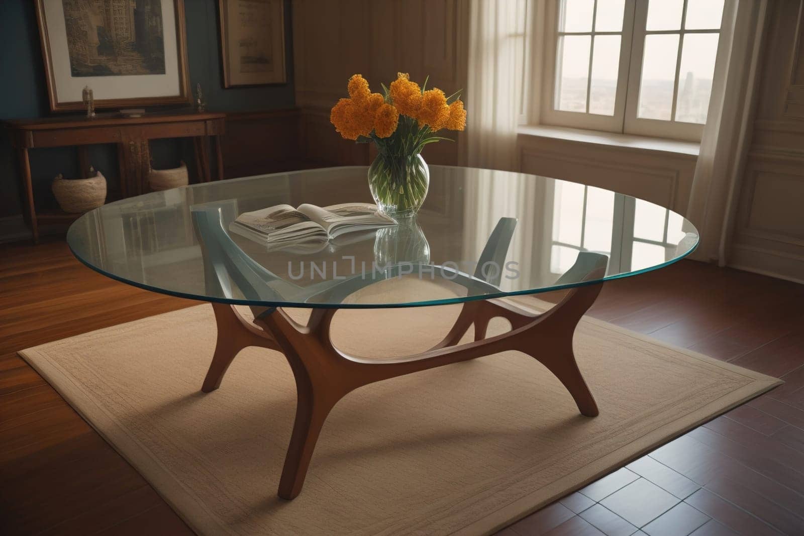 a glass table in a room. ai generative
