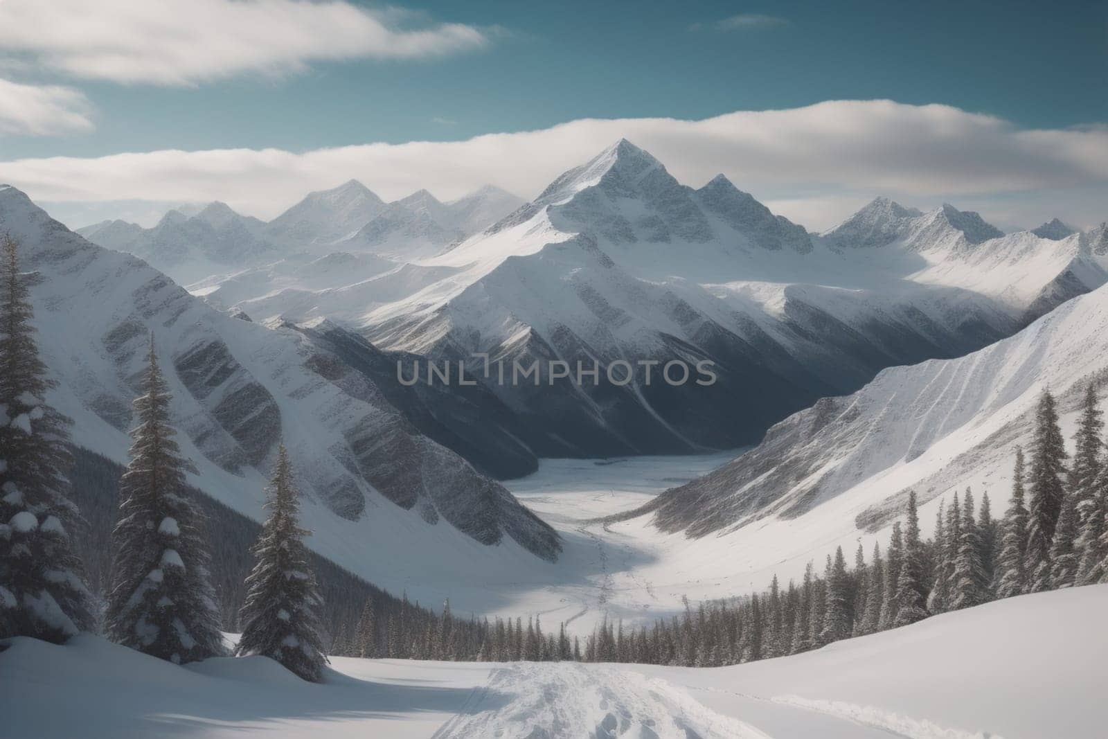 Mountains and snow-capped peaks of the Caucasus Mountains. ai generative by sanisra