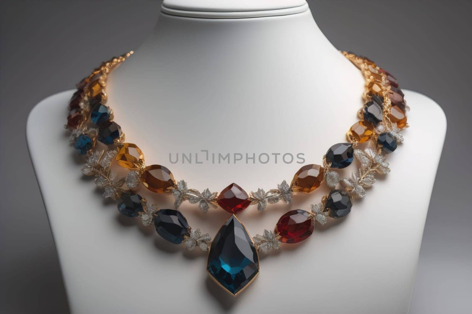 necklace on a mannequin in the studio on a solid color background. ai generative