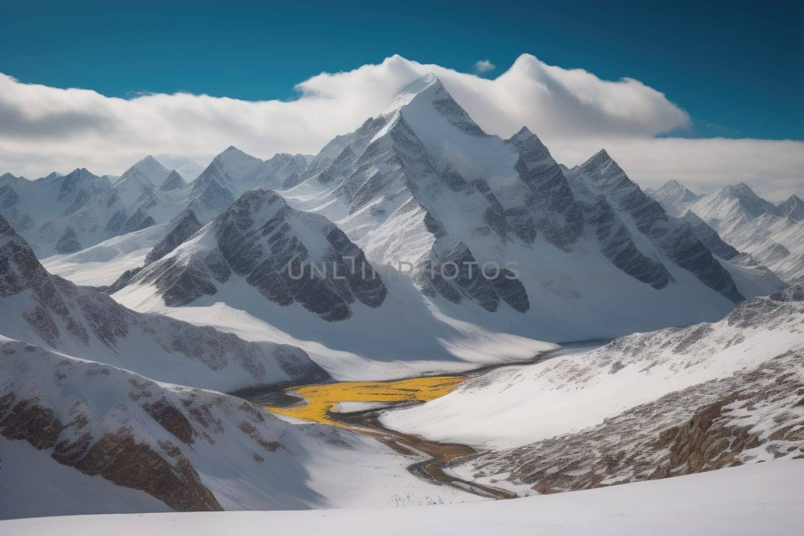 Mountains and snow-capped peaks of the Caucasus Mountains. ai generative