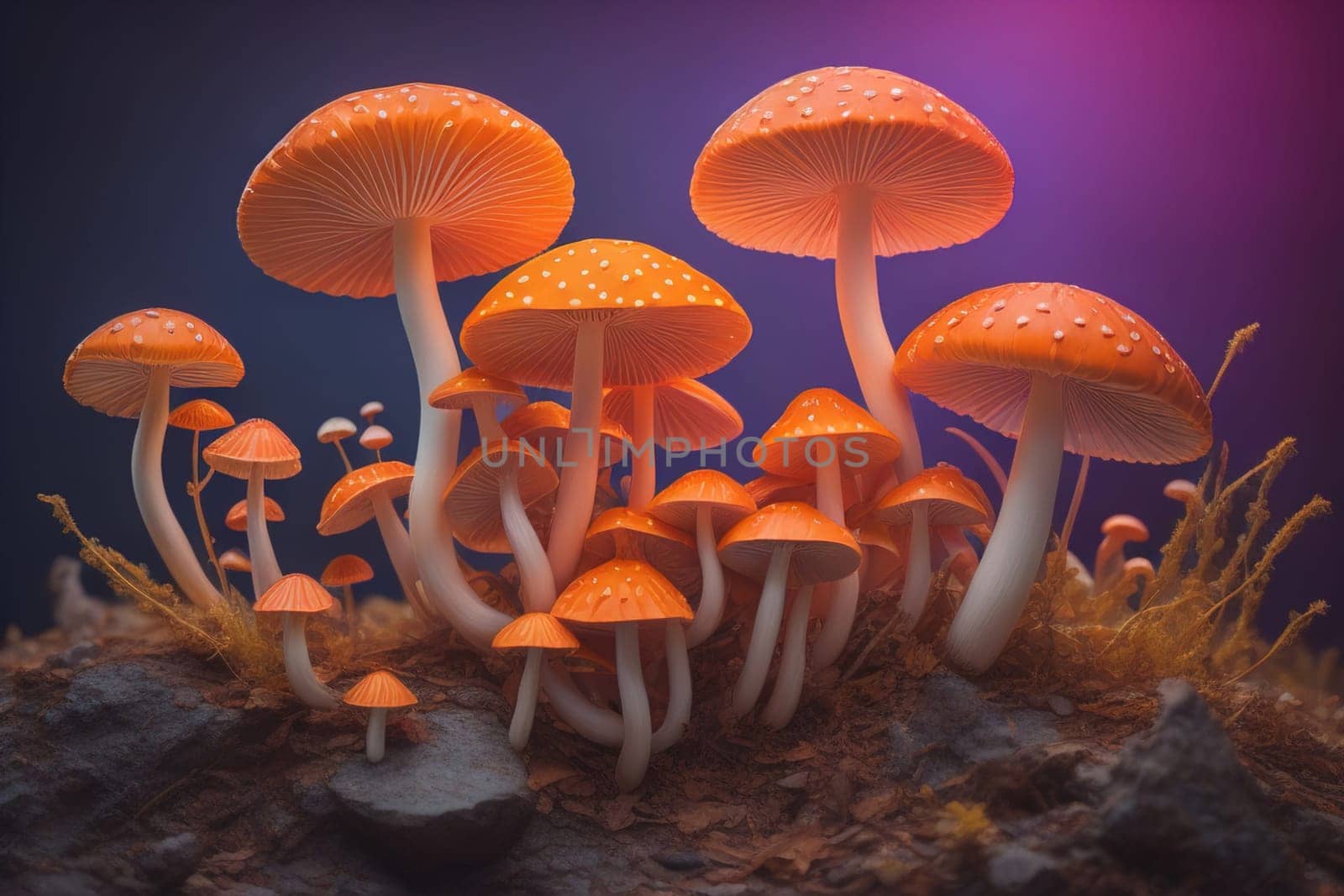Mushrooms on a solid color background with green moss and water drops. generative ai