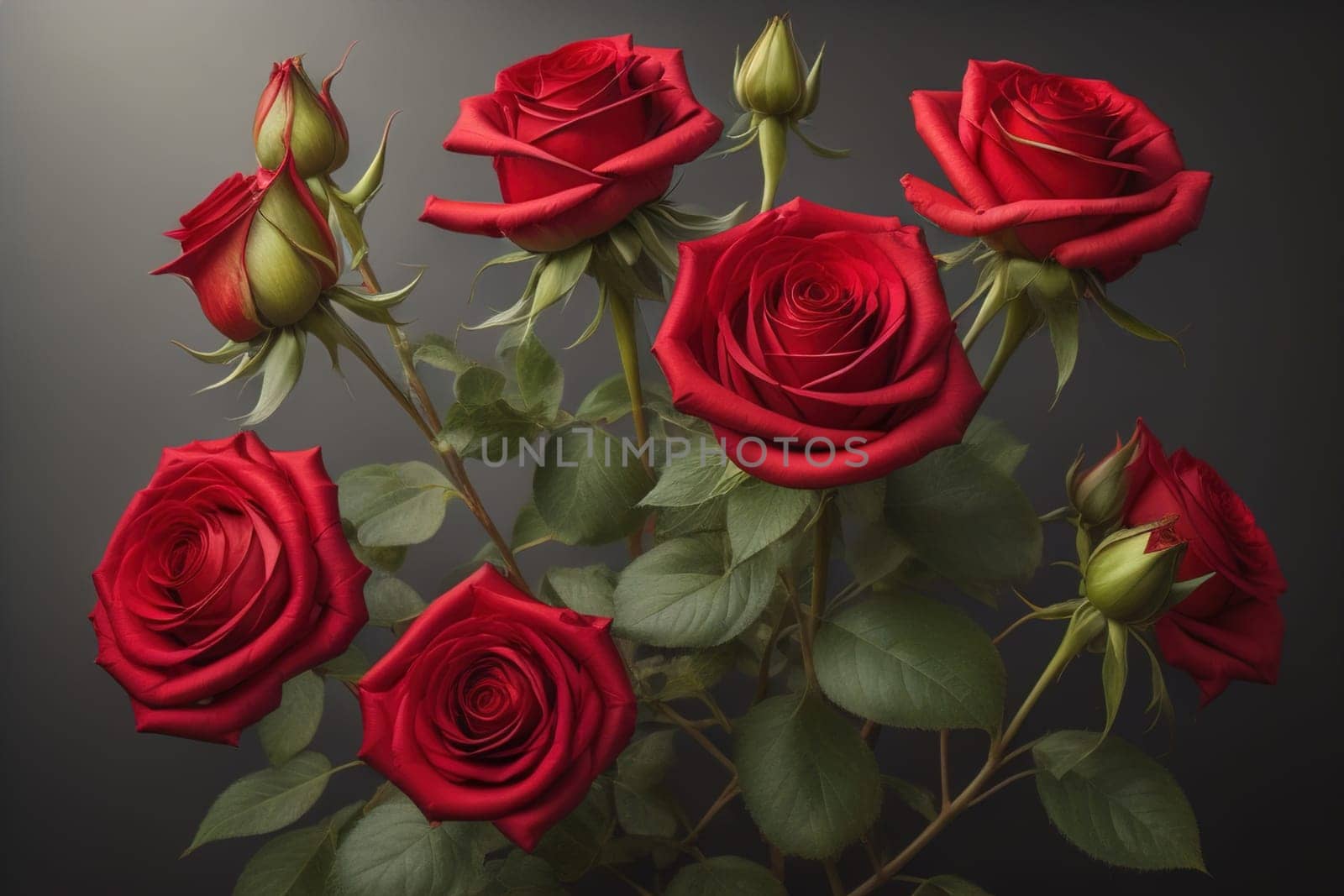 Red roses background. Top view of beautiful red roses with green leaves. ai generative by sanisra