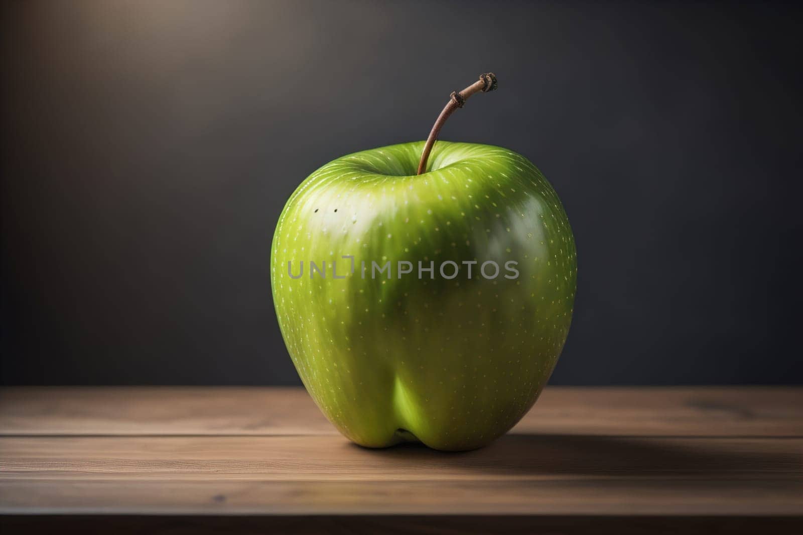 Green apple on a wooden table with dark background, shallow depth of field. The concept of healthy eating. ai generative