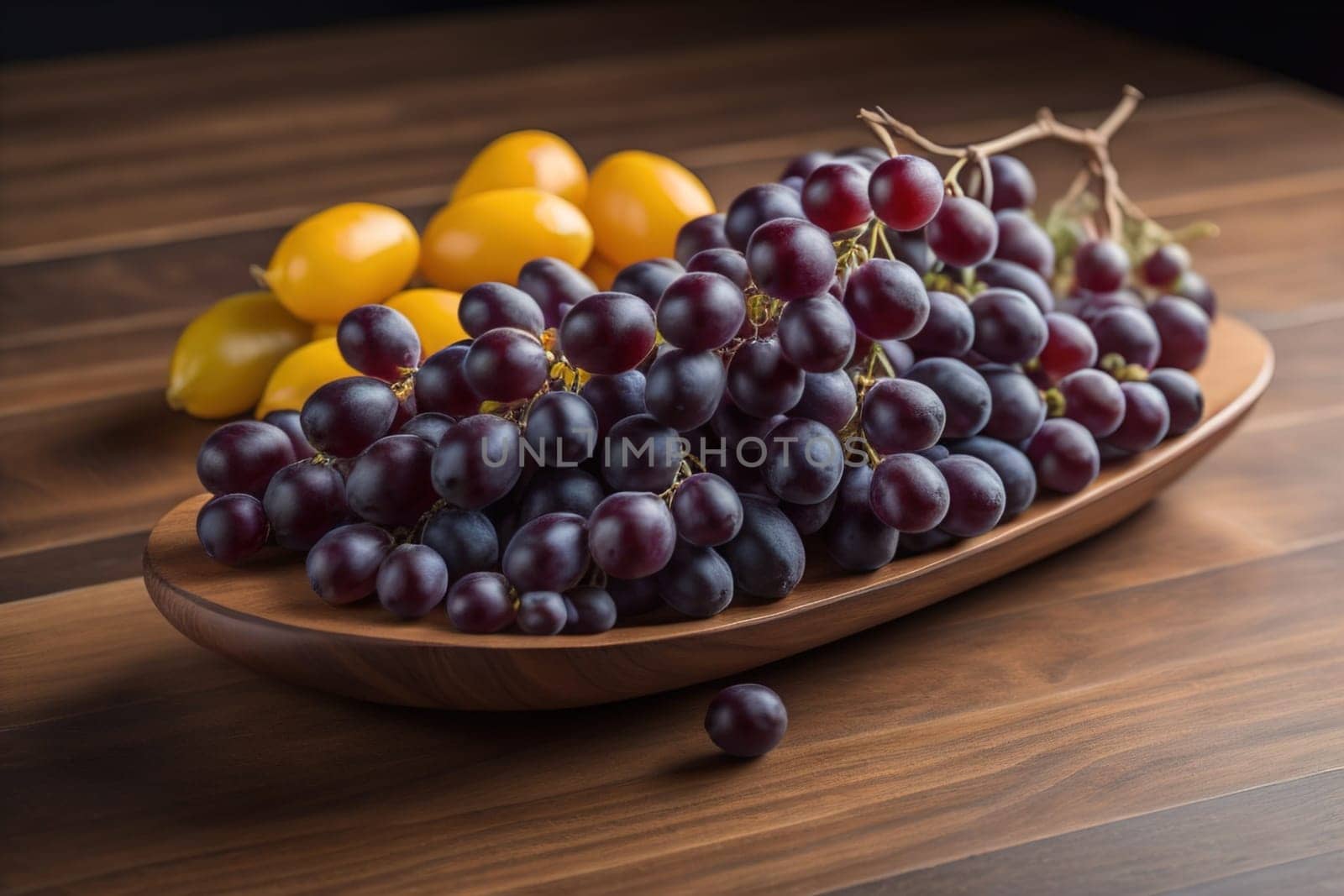Bunch of fresh grapes on wooden table. Vintage style toned picture. ai generative