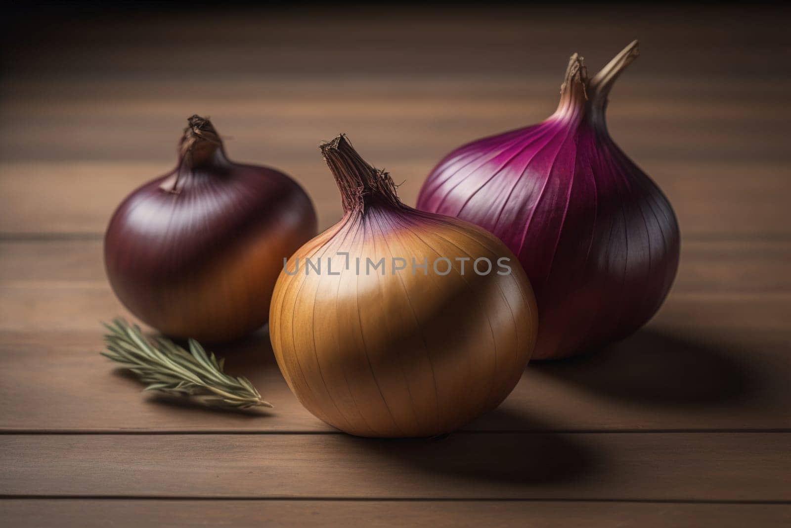 Three onions on a wooden table in front of a solid color background. ai generative