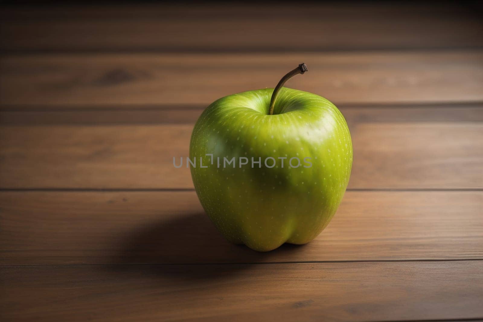 Green apple on a wooden table with dark background, shallow depth of field. The concept of healthy eating. ai generative