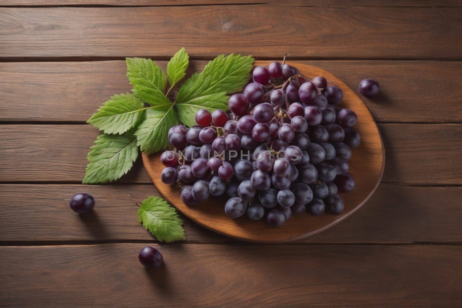 Bunch of fresh grapes on wooden table. Vintage style toned picture. ai generative