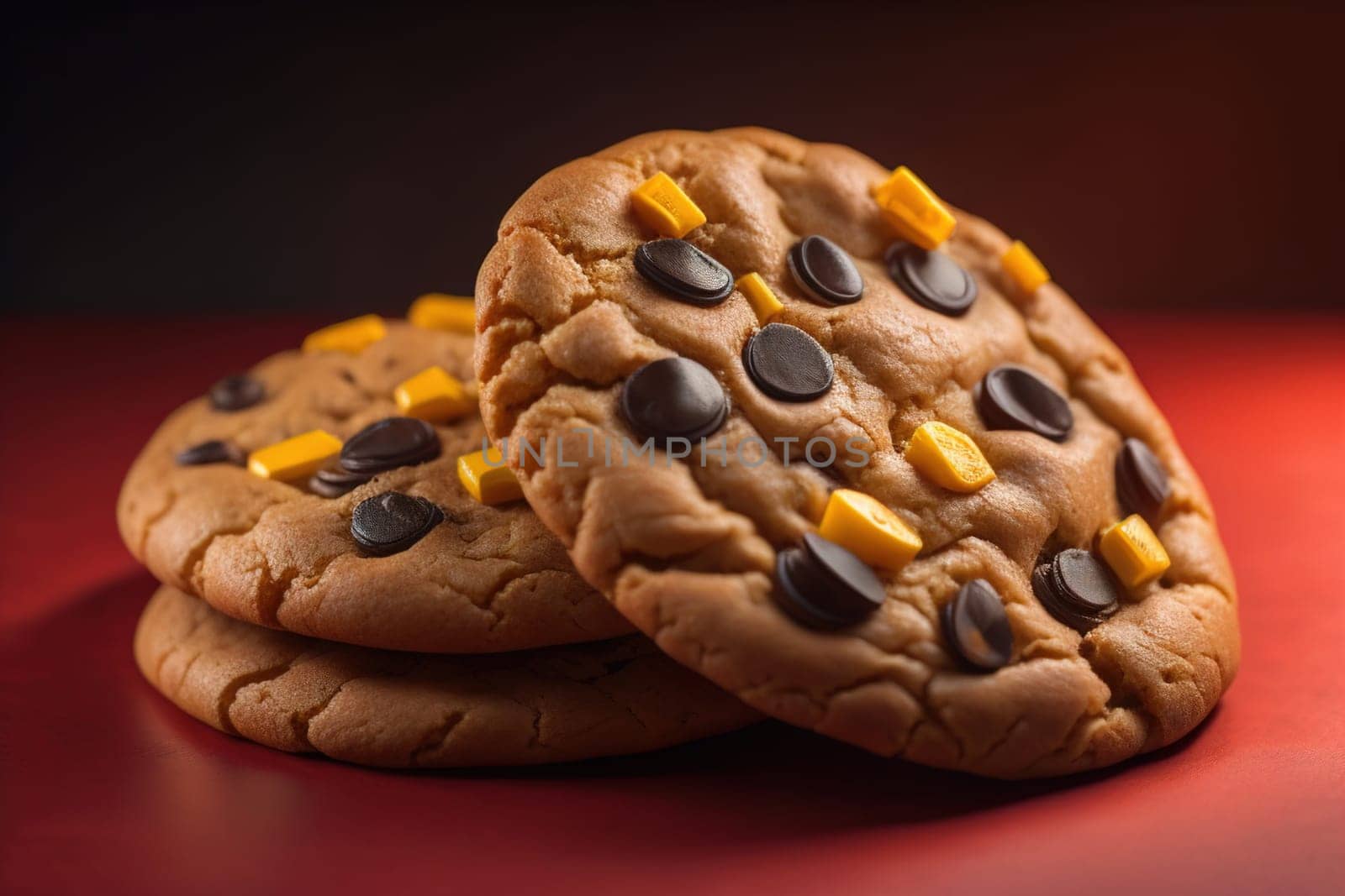 Chocolate chip cookies on orange background. Close up. Selective focus. ai generative