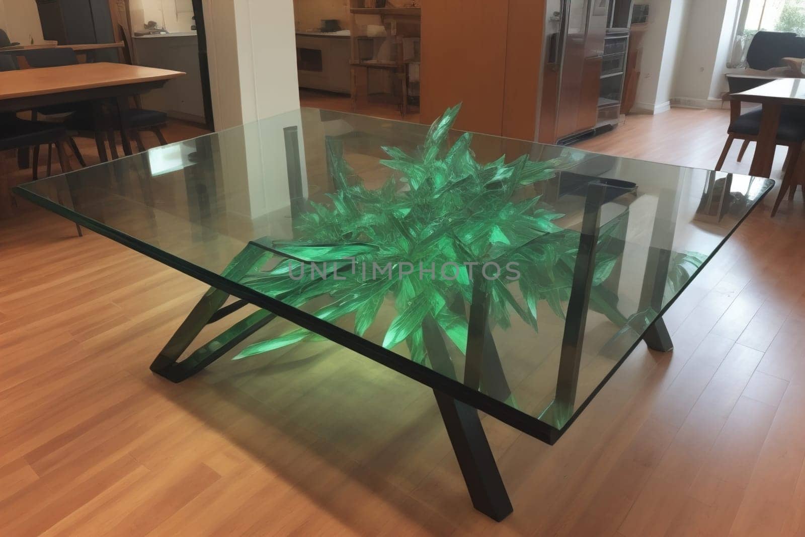 a glass table in a room. ai generative