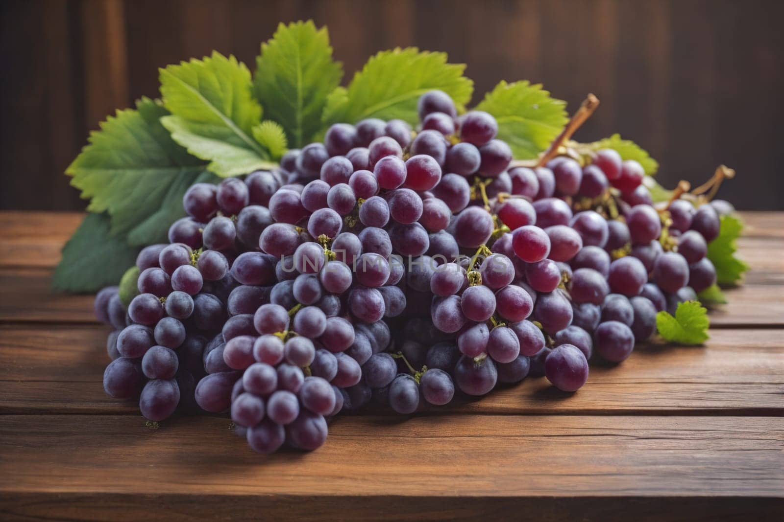 Bunch of fresh grapes on wooden table. Vintage style toned picture. ai generative