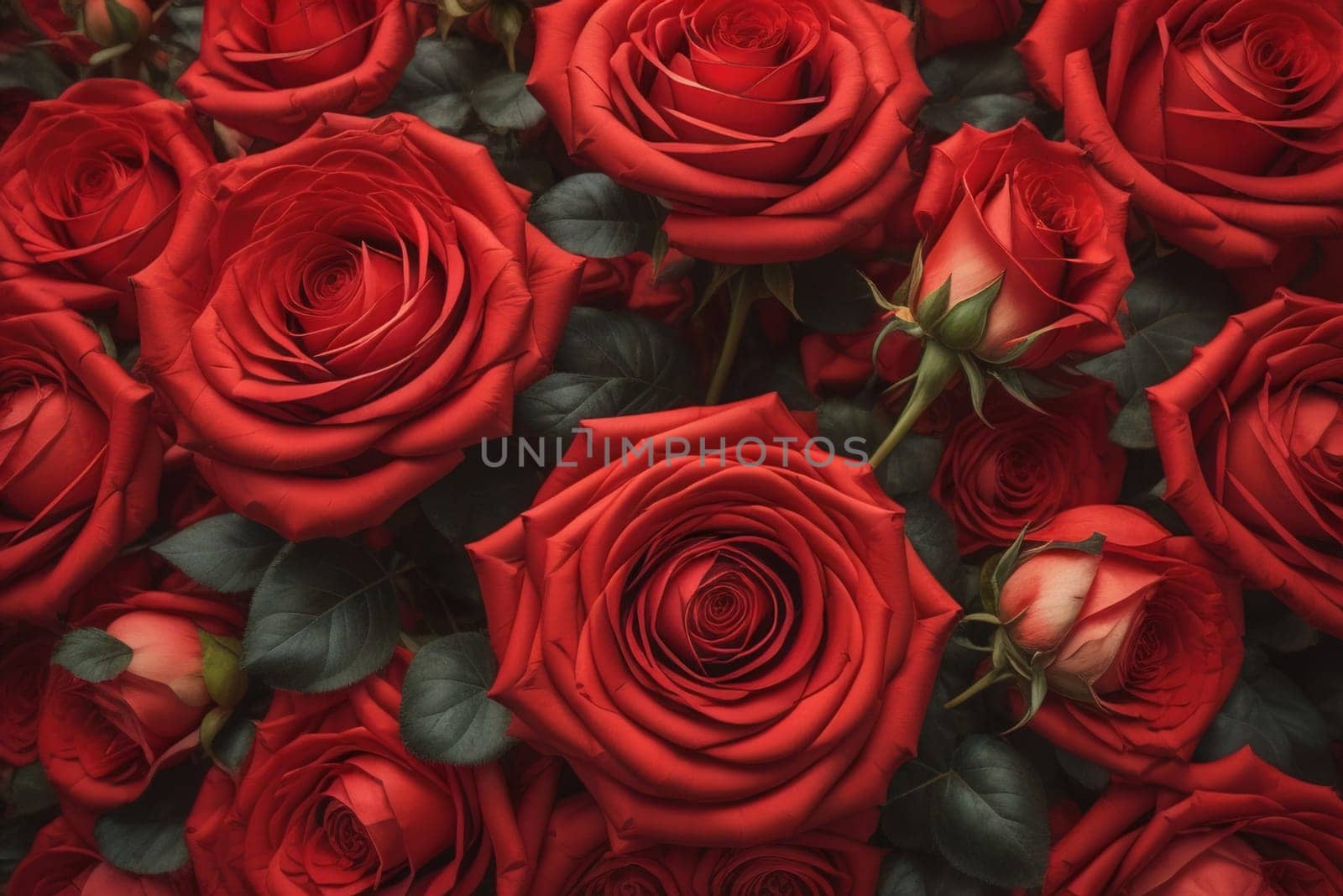 Red roses background. Top view of beautiful red roses with green leaves. ai generative