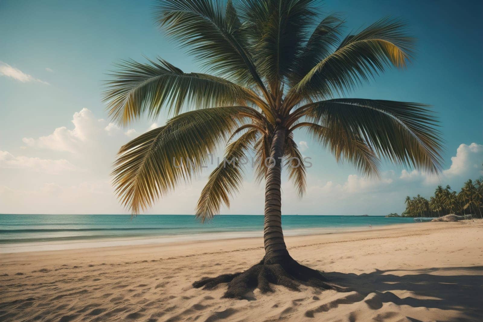 Beautiful tropical beach with coconut palm tree. ai generative by sanisra