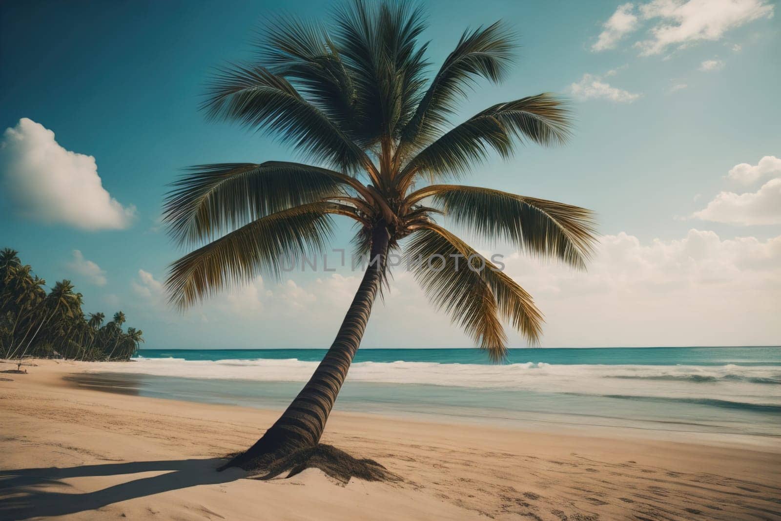 Beautiful tropical beach with coconut palm tree. ai generative by sanisra