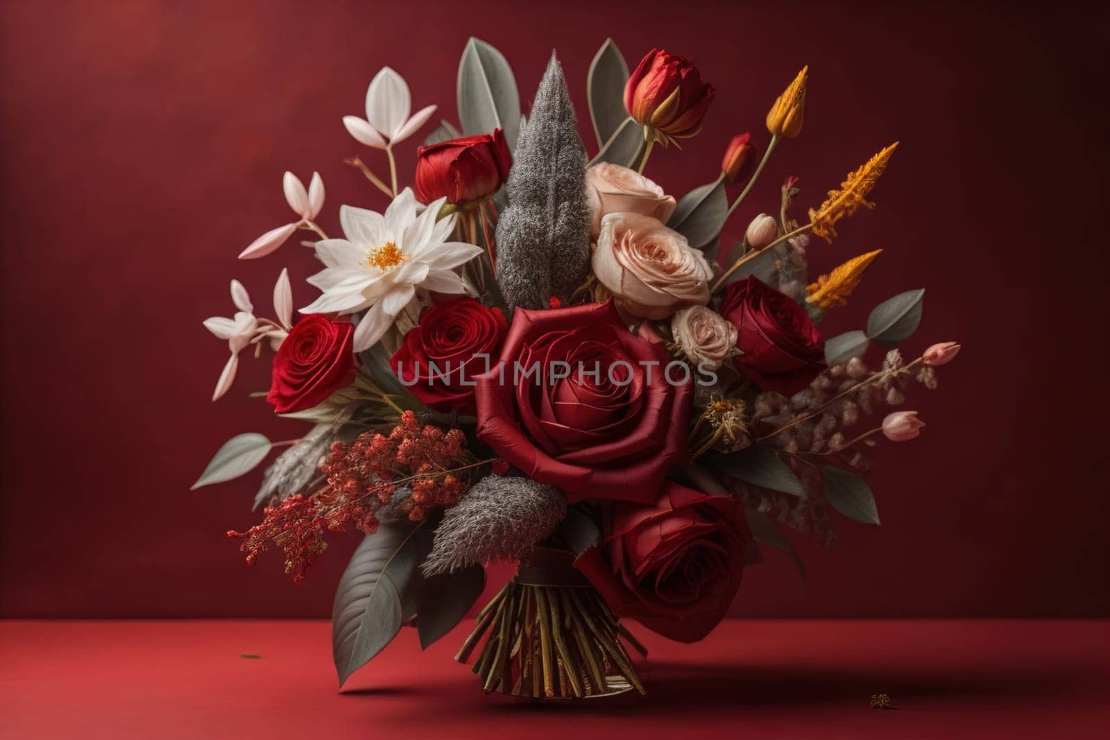 wedding bouquet of different colors on a solid color background. ai generative