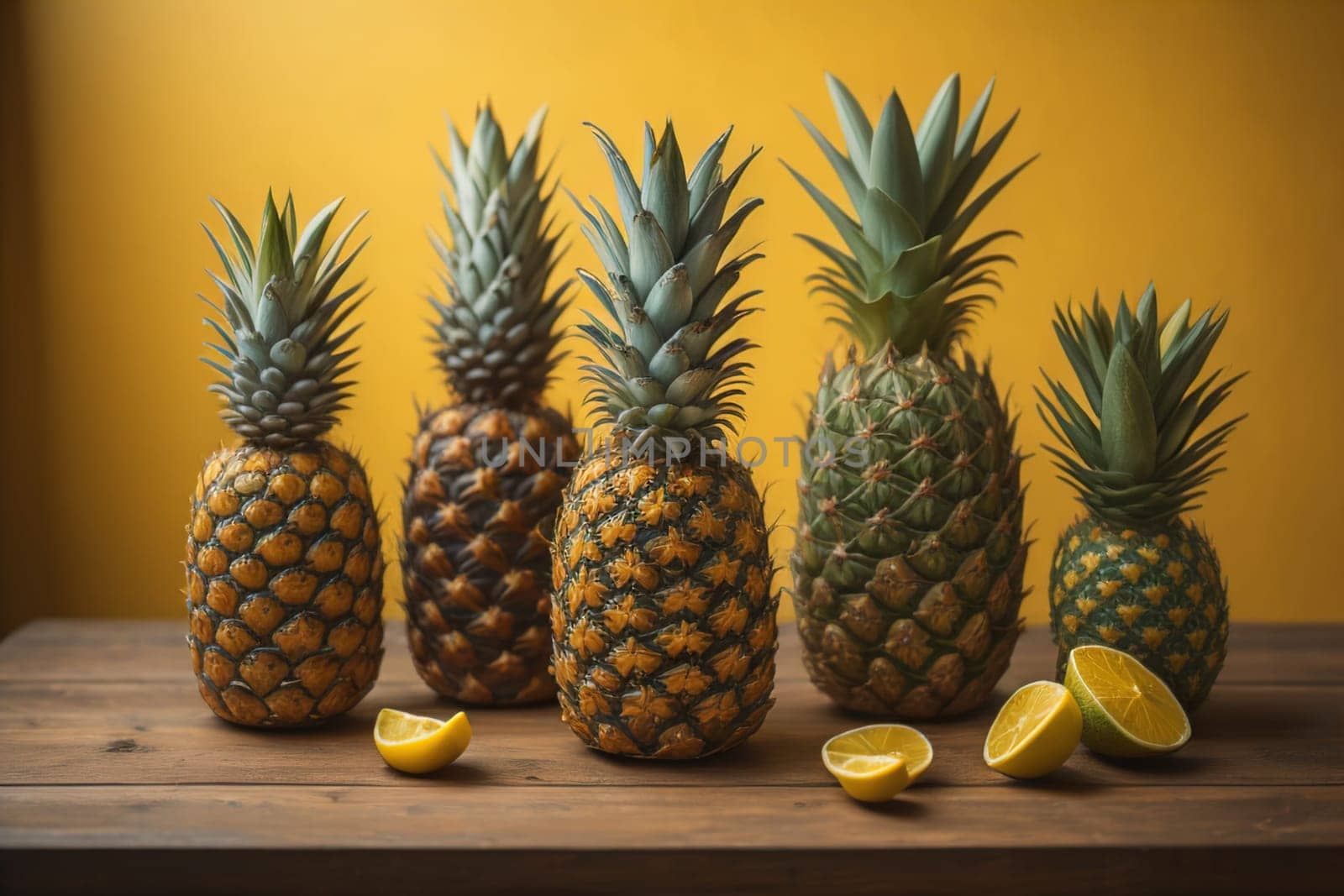 Pineapples on a wooden background. ai generative