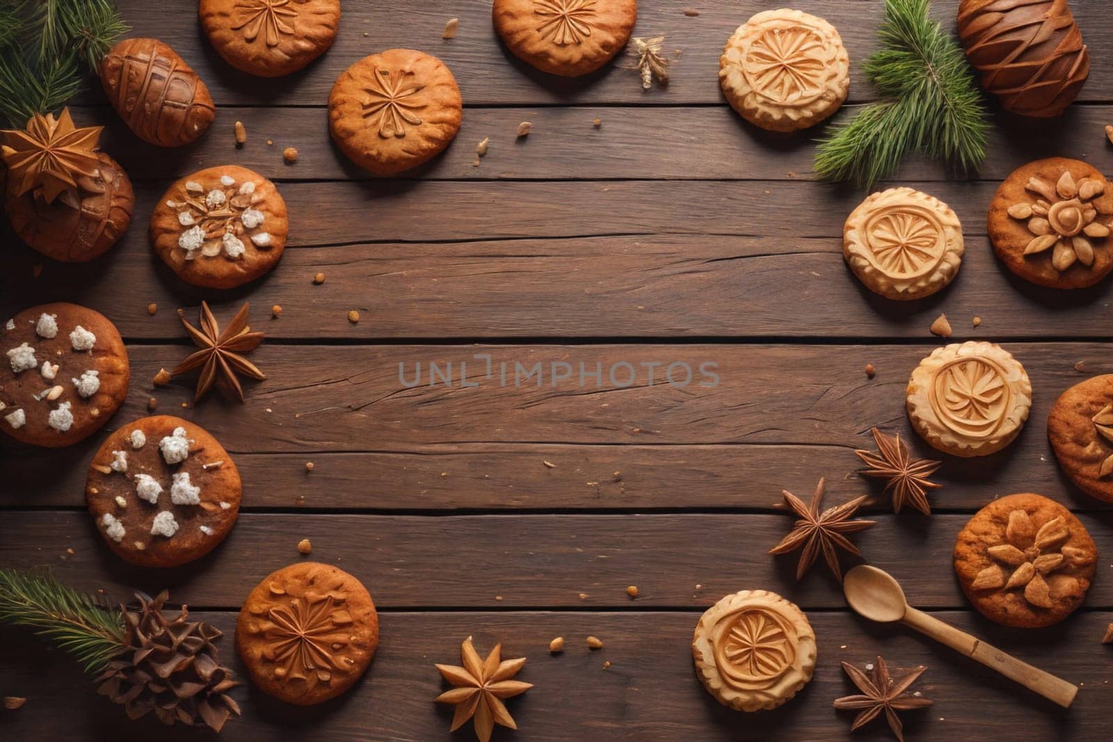 Cookies on a wooden table. Top view. ai generative