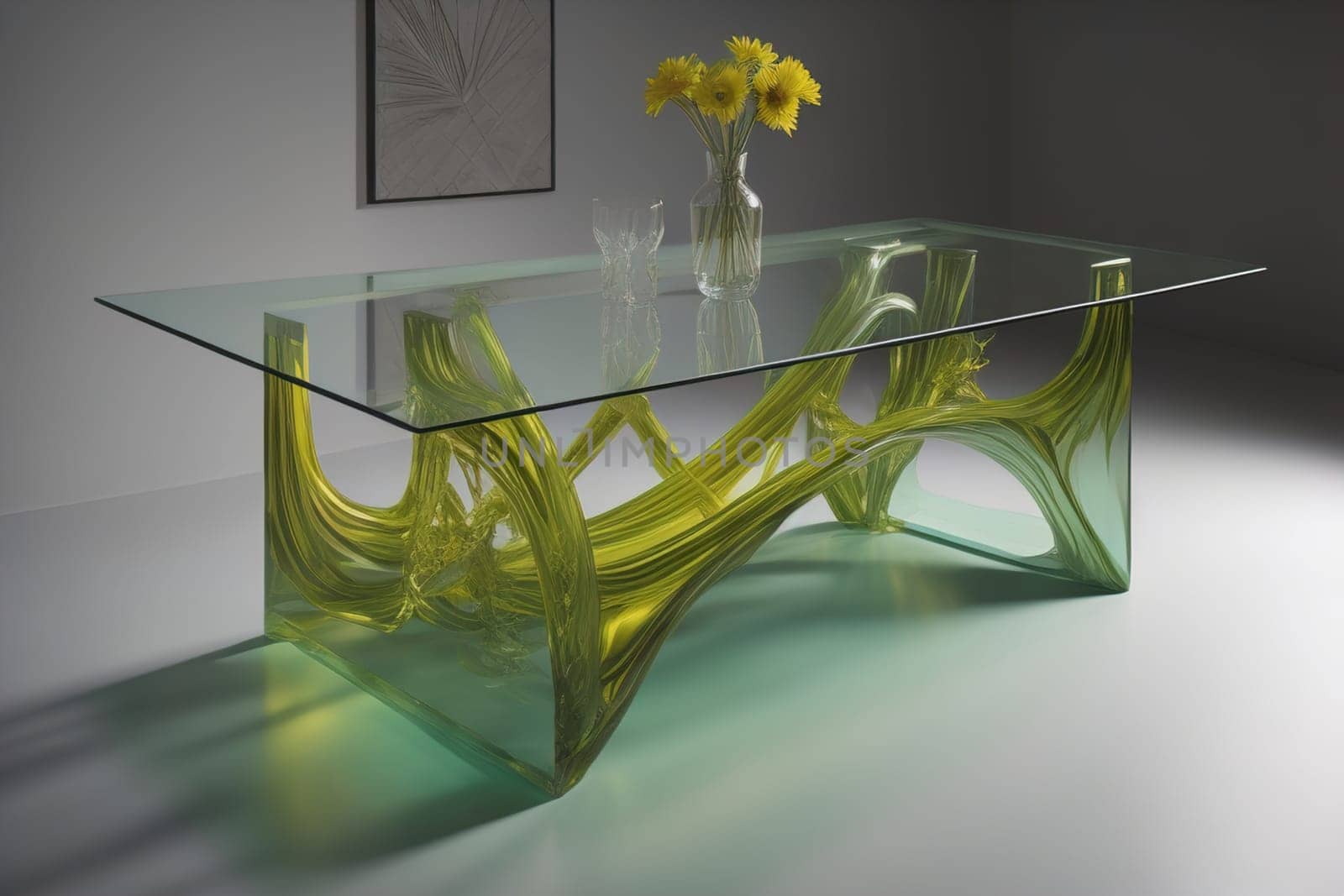a glass table in a room. ai generative