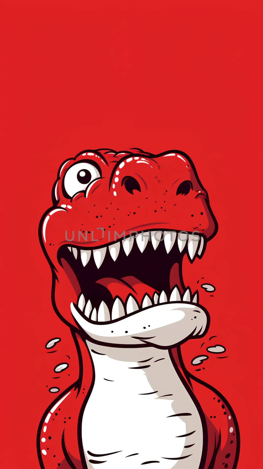 cartoon dinosaur with its mouth opening up on red background - Generative AI by chrisroll