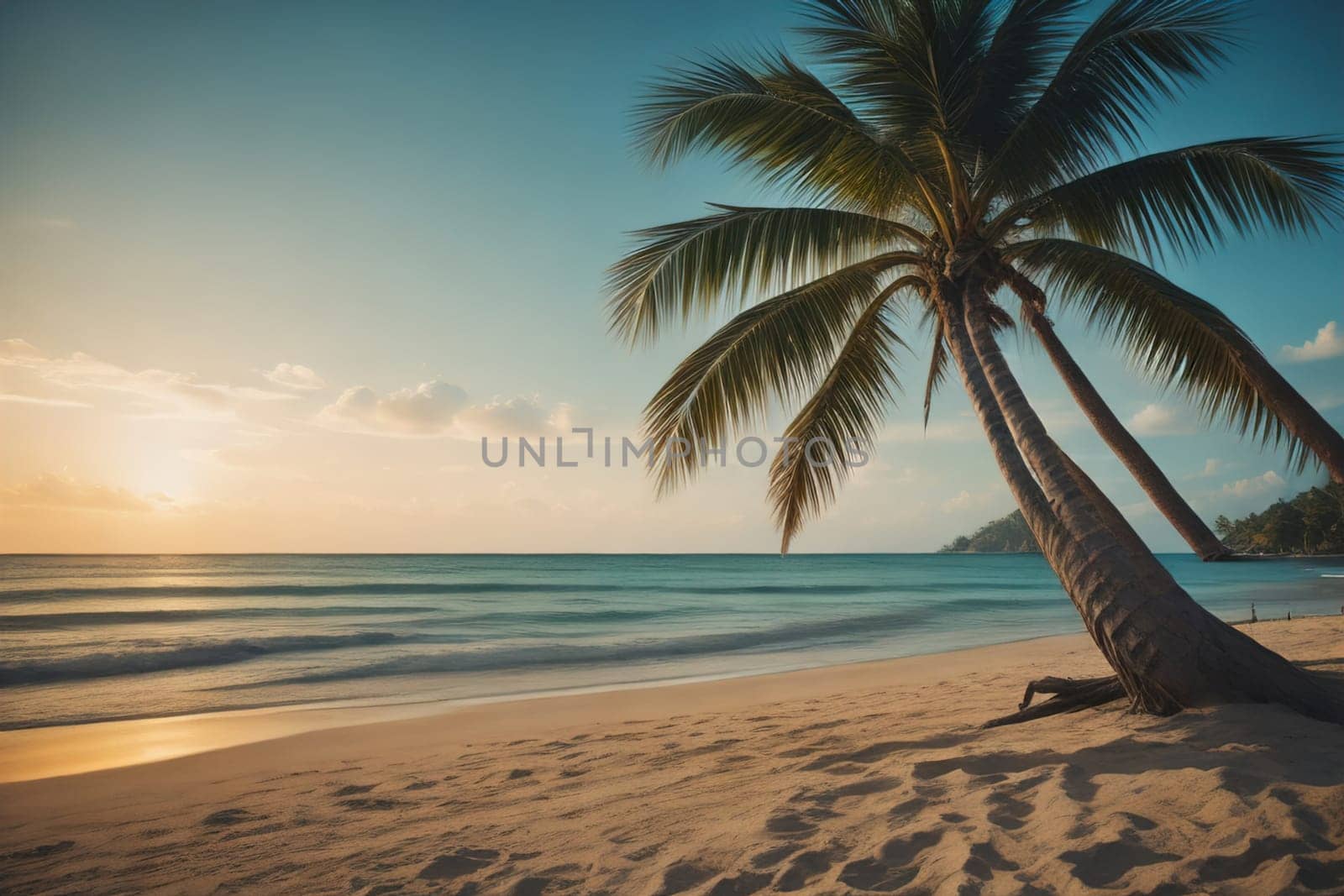 Beautiful tropical beach with coconut palm tree. ai generative by sanisra