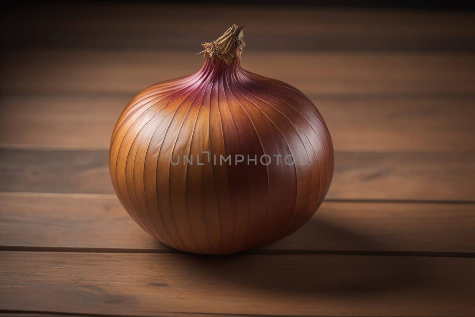 Three onions on a wooden table in front of a solid color background. ai generative