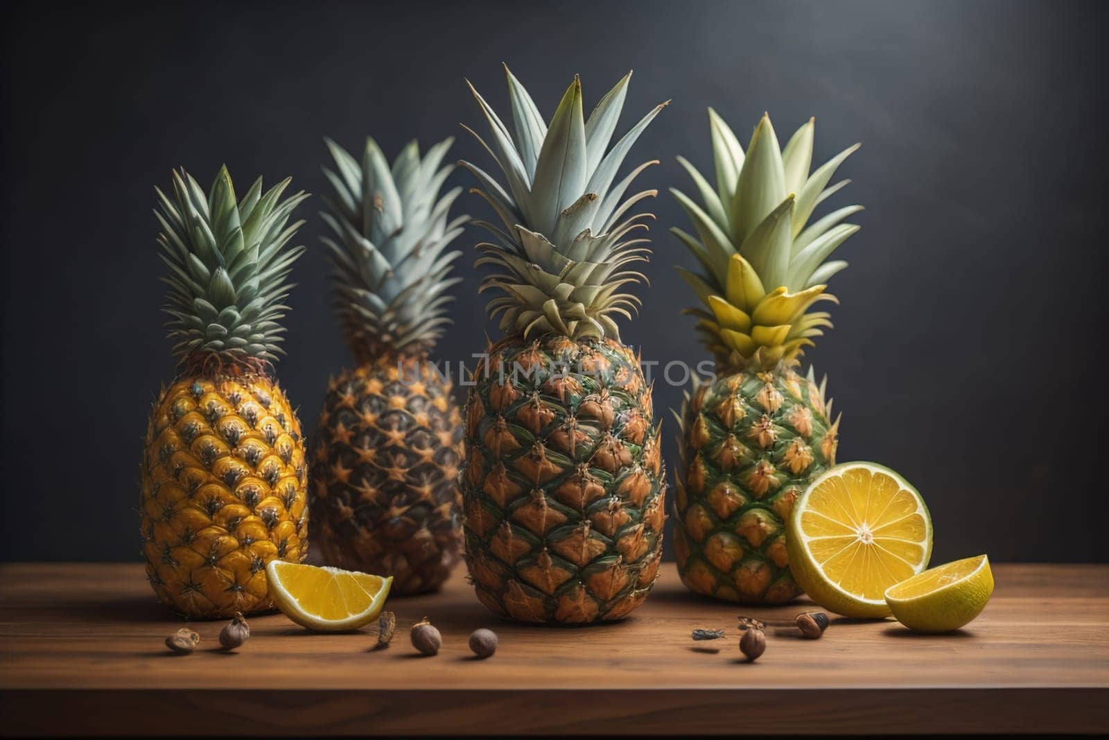 Pineapples on a wooden background. ai generative