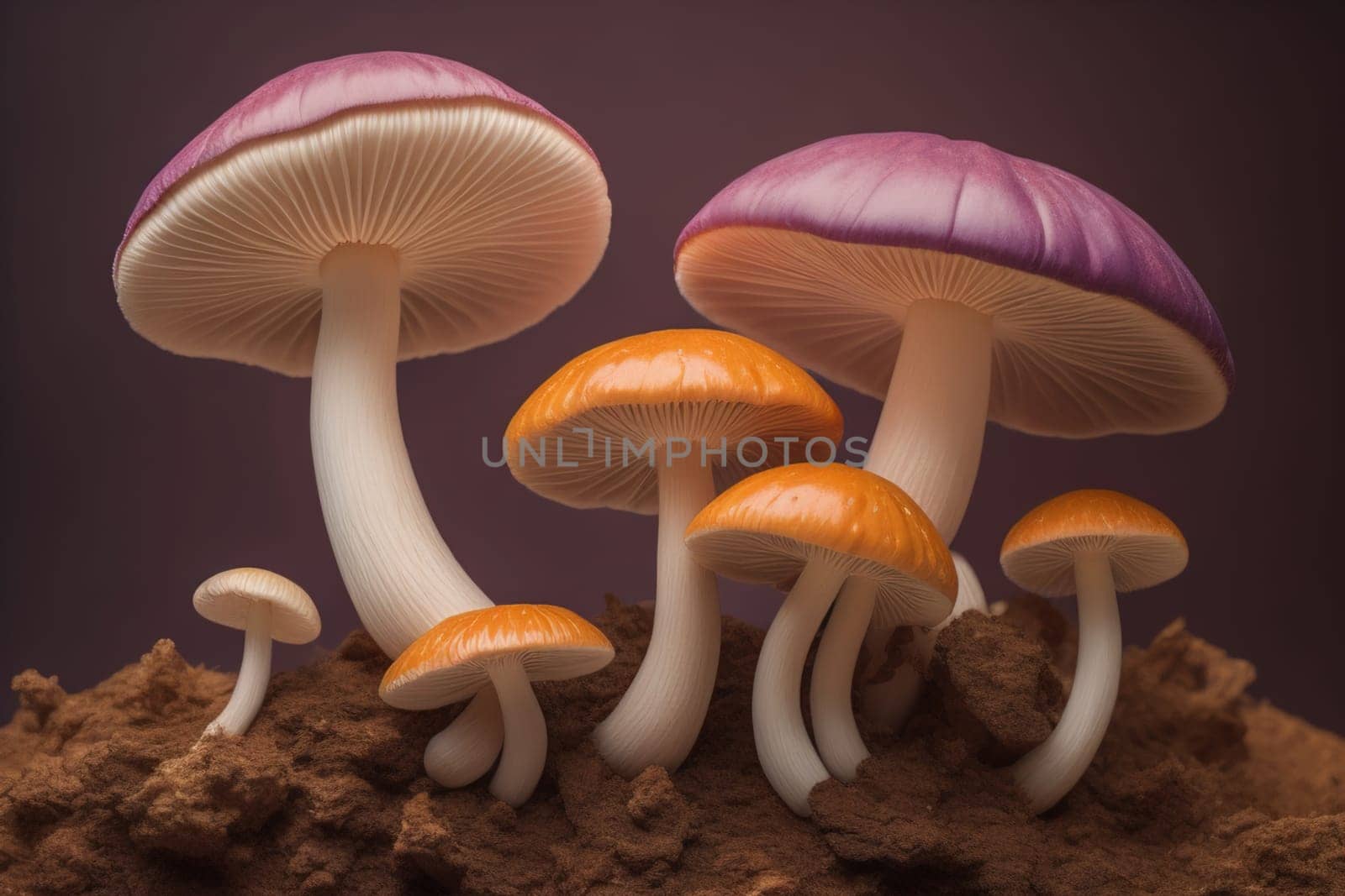 Mushrooms on a solid color background with green moss and water drops. generative ai