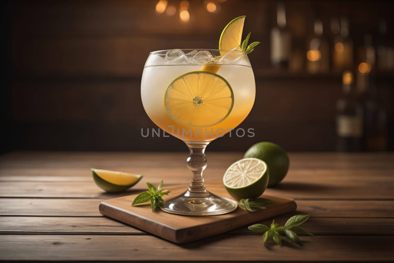Alcohol cocktail drink on the table in bar. Toned image. ai generative