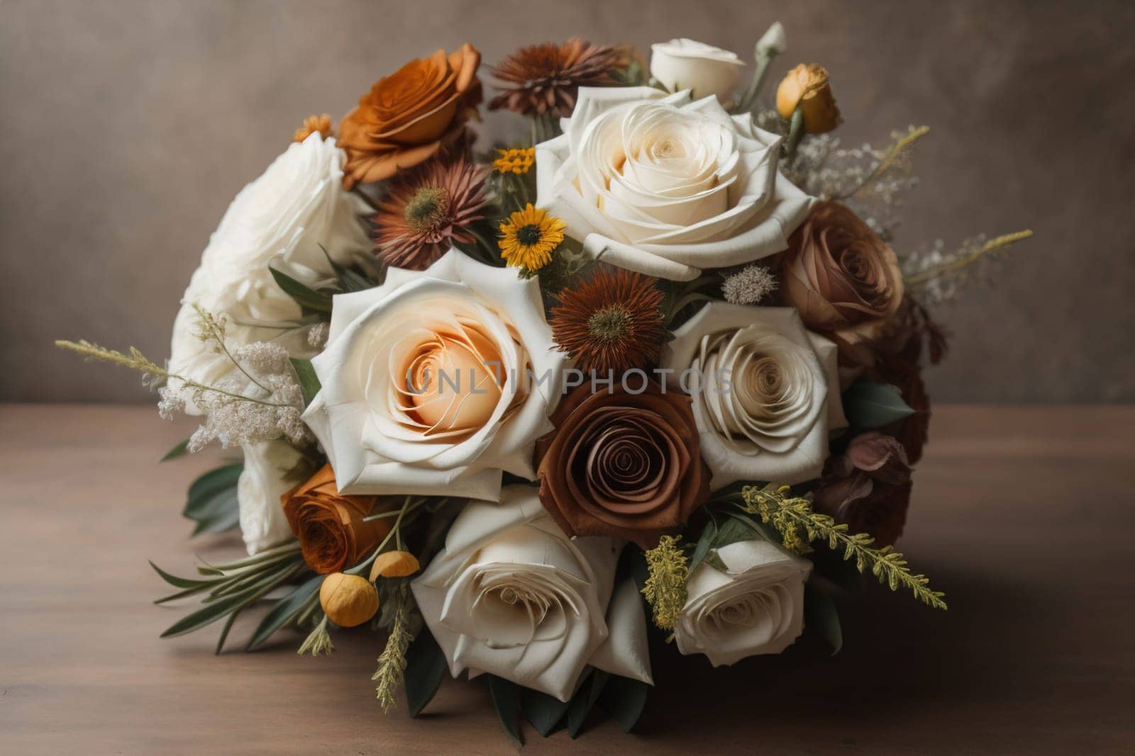 wedding bouquet of different colors on a solid color background. ai generative