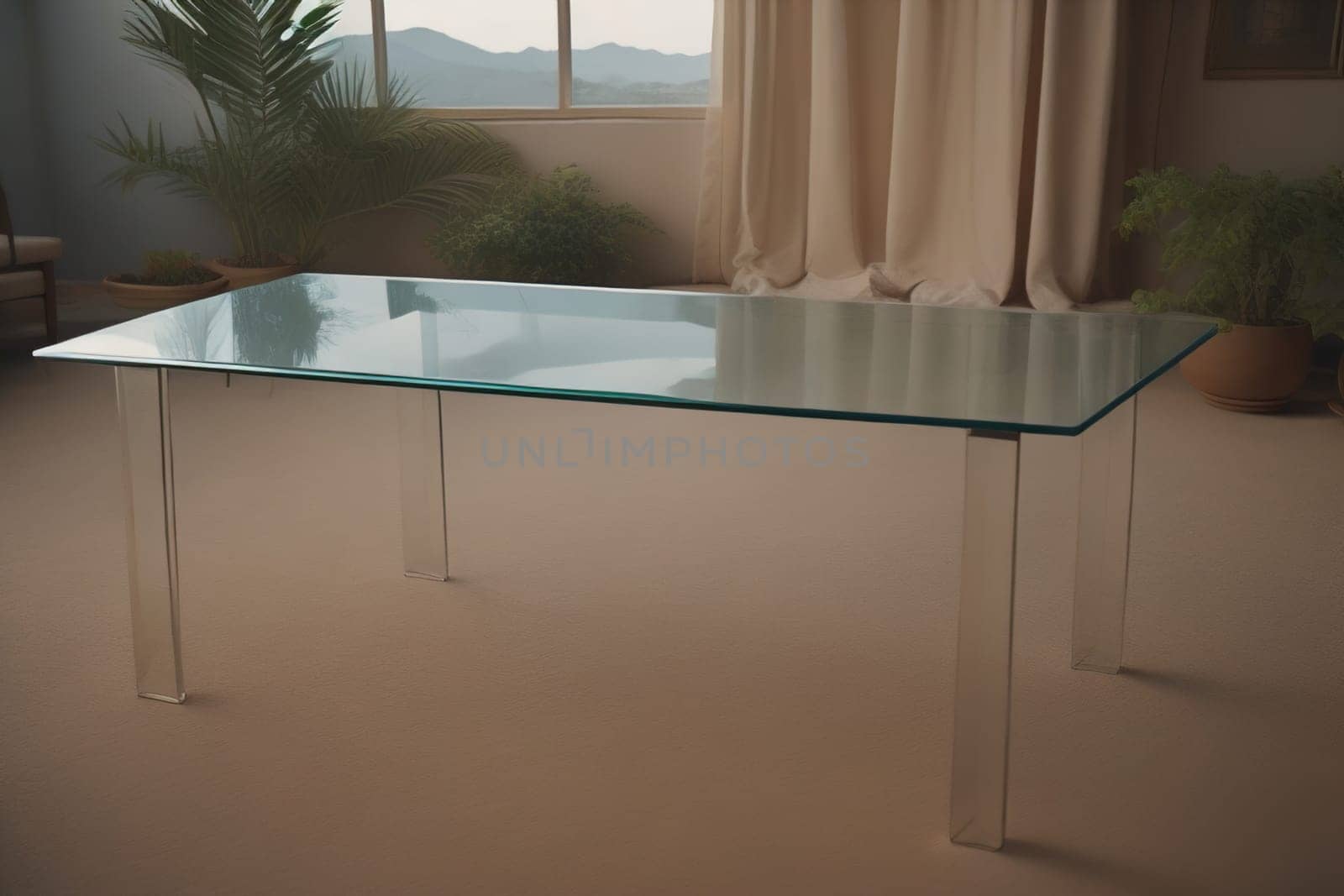 a glass table in a room. ai generative