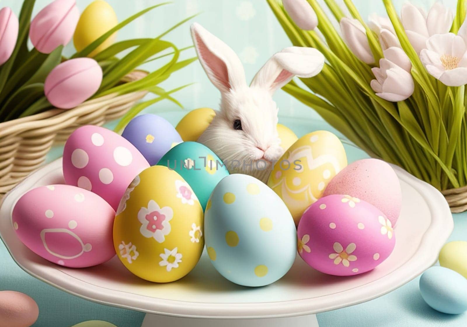 Easter bunny with colorful eggs in nest. ai generative